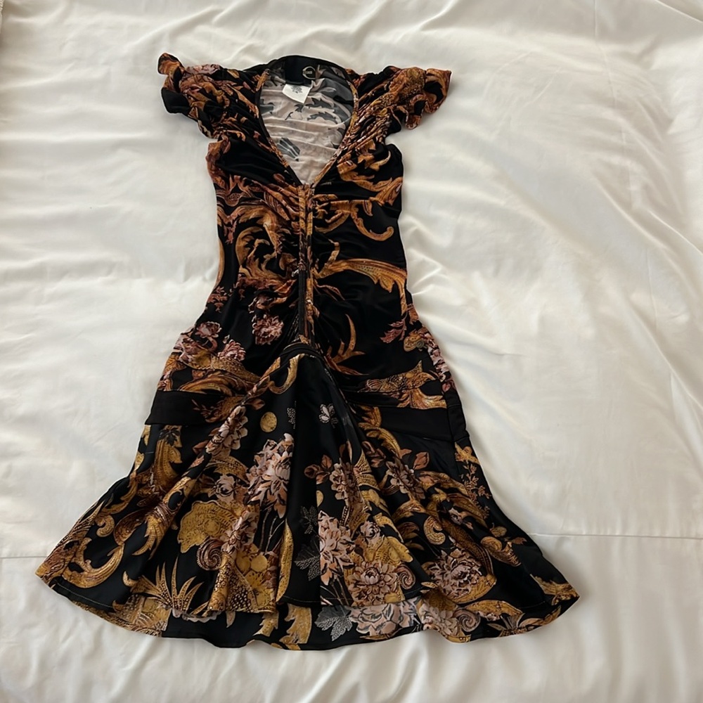 Roberto Cavalli Black and Gold Patterned Midi Dress